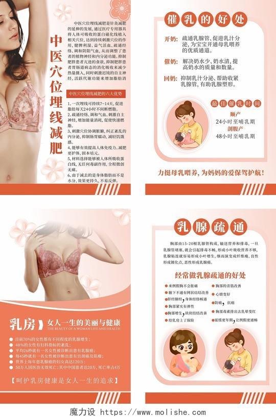 橙色乳腺保养护理四套图催乳的好处及乳腺疏通海报胸部护理